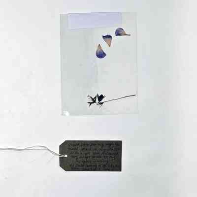 The image shows pressed flowers in plastic with a handwritten tag describing their personal significance.