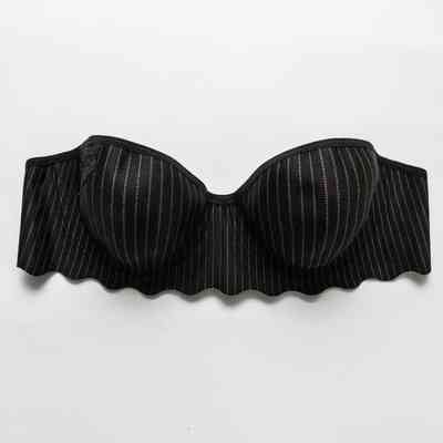 Black sleeveless bra with white pinstripes.