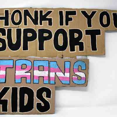 A hand painted cardboard placard, made from two pieces of card stuck together. Features the text "HONK IF YOU SUPPORT TRANS KIDS" in black, with "TRANS" colored blue, pink and white.