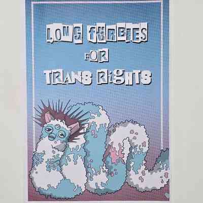 A poster which says 'Long Furbies for Trans Rights' and has an illustration in blue, pink and white of a long furby.