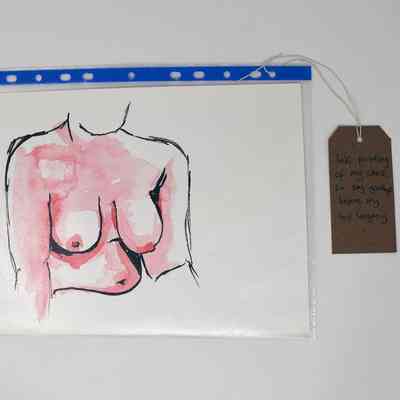 The image shows an ink painting of a human chest with pink hues, alongside a handwritten note.