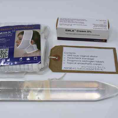 The image shows a facial wrap, EMLA cream, a dilator, and a label listing