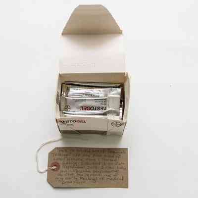 Unused silver "Testogel" sachets - 50mg inside the Testogel box.