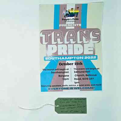 Poster in trans colours advertising Trans Pride Southampton 2022. Underneath is a tag reading "A poster of Southampton's first ever Trans Pride.