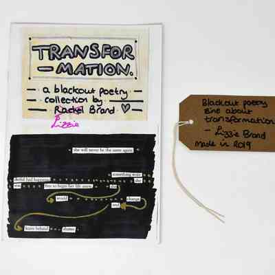 A zine of collected blackout poetry entitled "Transfor-mation", by Lizzie Brand. With a brown, handwritten luggage tag