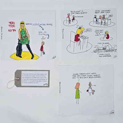 Set of three cartoon drawings & tag (inside plastic wallet); cartoons drawn on white card by Anna Chivers illustrating her life at different ages.