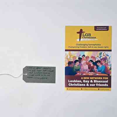 The image shows a brochure promoting LGB Christians, with the title 'Challenging Homophobia: Championing freedom, faith & sex-based rights'. There is an illustration underneath it of lots of different people smiling and talking at a table.