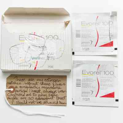 Grey box reading "Evorel 100" and other information on the prescription.