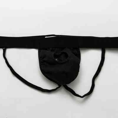 A plain black jockstrap.The elasticated waistband contains a white brand label. The front sack of the jockstrap has two layers, with the outer layer showing a round hole with a stitched edge.