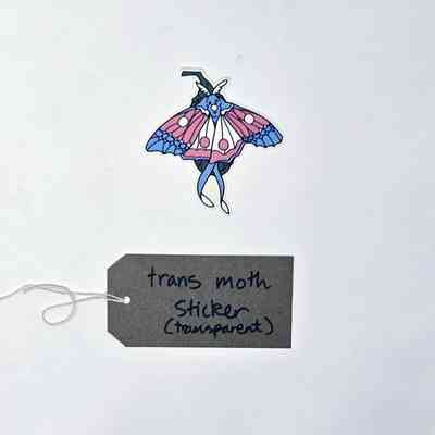 A small sticker depicting a line drawing of a moth coloured in the trans pride colors.With a brown, handwritten luggage tag.
