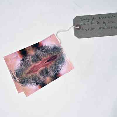 Postcard & paper label & tag; postcard - photo montage of beard/mouth "There is no word for it" in black lettering. On back "There is no word for it" The (Trans) Mangina Monologues" info re two taster shows…."