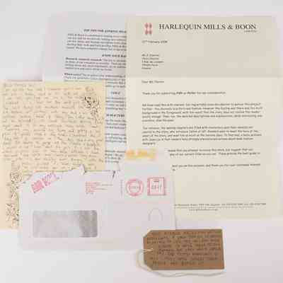 Image shows a rejection letter from Mills & Boon (on cream headed paper), a document detailing 'Top Tips for Aspiring Mills & Boon Writers', a handwritten letter (on cream paper decorated with flowers) and an opened envelope (sent by Air Mail). With a brown, handwritten luggage tag.