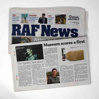 The cover of the newspaper "RAF News" with the headline "Meet the Sullivans" and several other featured articles. A page of newspaper featuring an article titled "Museum scores a first" with a short story regarding the donation of ex search and rescue pilot Flt Lt Ayla Holdom to the Museum of Transology.