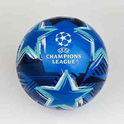 A blue UEFA Champions League football. It is decorated with agree and white five painted stars and black lines.