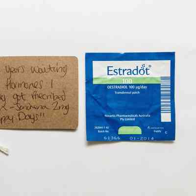 Estradot patch in sealed blue packaging.