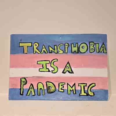 A canvas painted with colors features the message, "Transphobia is a Pandemic," in bold letters