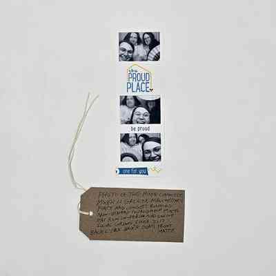 A photo strip features smiling people with a handwritten note attached below.