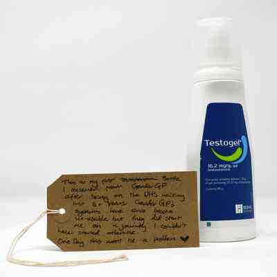 The image shows a Testogel bottle next to a handwritten note expressing gratitude for receiving testosterone treatment.