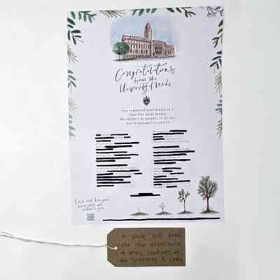 Blackout poem created from a congratulatory letter from Leeds University. With a brown, handwritten luggage tag.