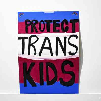 The image shows a colorful sign stating "Protect Trans Kids" in bold letters.