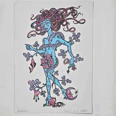 A print, entitled "PORTAFORTUNA", of a plant-like figure with intricate details and flowing hair. Colored in blue and pink on a white background. With a brown, handwritten luggage tag, a Polaroid of the artist and a contact card for 'Unfamiliar Spirits'.