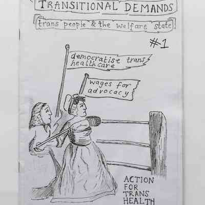 Two identical booklets "Transitional Demands #1 trans people & the welfare state". Both photocopies, 26 pages. Hand drawn front cover. Both in good condition though have been well read, both have black hanging wire.