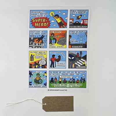 A colourful comic strip highlight accessibility issues. With a brown, handwritten luggage tag.