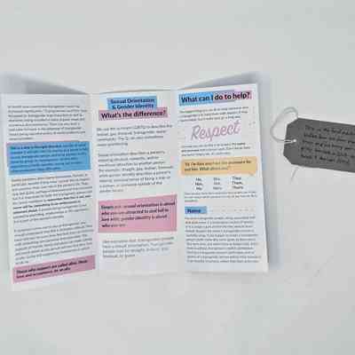 The image shows an informational leaflet about sexual orientation and gender identity with a focus on respect and acceptance.
