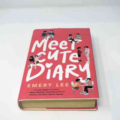 The book "Meet Cute Diary" by Emery Lee features an illustrated pink cover.