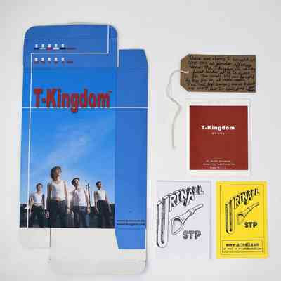 The image shows T-Kingdom packaging, a noted handwritten card, and promotional materials with distinct designs
