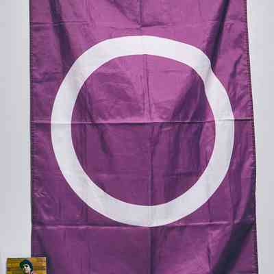 A purple flag with a white circle is displayed above a shelf containing a photo and descriptive cards.