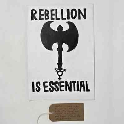 The image features a poster stating "Rebellion is Essential" with an axe design.