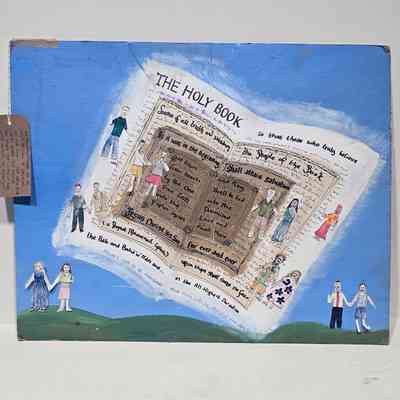 A painting entitled "Both Side of the Story" illustrating the painter's thoughts on religion. It depicts Holy Books from the Jewish, Christian, Muslim and Baha'i faiths. There are images of straight couples being included while queer couples are excluded. With a brown, handwritten luggage tag.