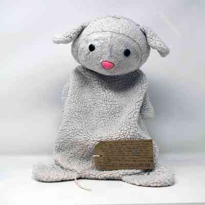 A beige sheep hot water bottle. The sheep has black eyes and a pink nose. With a brown, handwritten luggage tag.