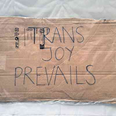 A cardboard sign reads "Trans Joy Prevails" in bold letters, emphasizing positivity and resilience.