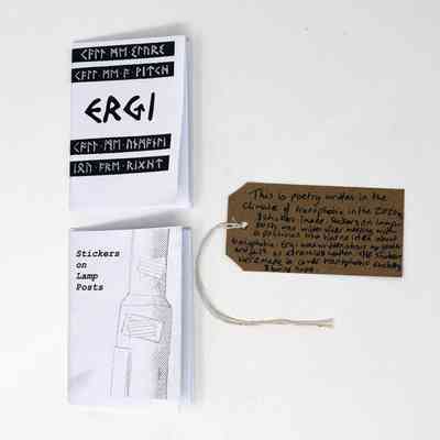 The image shows two zines titled "ERGI" and "Stickers on Lamp Posts" with a brown tag to the right.