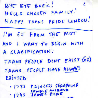 Scanned PDF of a handwritten speech in blue ink on white paper.