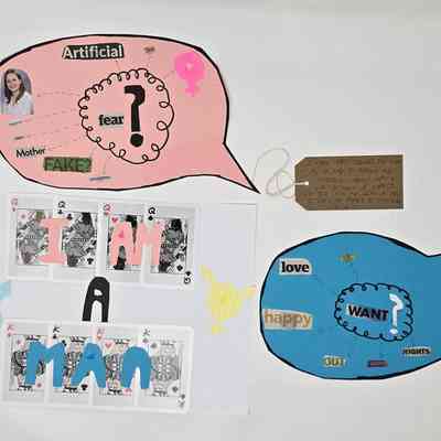 Various pieces of paper which are collages features speech bubbles, playing cards, and keywords.