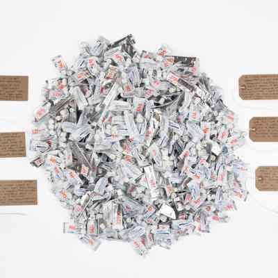 Six handwritten tags by Isaac to accompany the 479 Used Testogel Sachets.