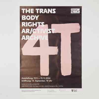 Poster. The background is dark blue and has the letters "4T" in pink. Over the top is the text "THE TRANS BODY RIGHTS AR/CTIVIST ARCHIVE" in white with the Queer Museum Vienna logo on the top right corner. The date and time of the event are in the bottom left corner.