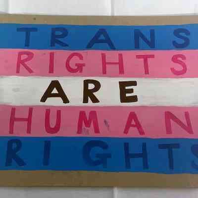 A placard which is made from cardboard and has the trans flag colours painted onto it and the words 'Trans Rights Are Human Rights'.