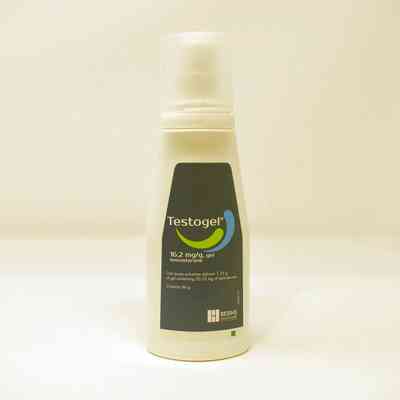 A bottle of Testogel which is white with a blue label.
