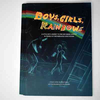 Dark blue pamphlet with light blue sketch of two people walking and a ladder. There is a rainbow across the top and the words "BOYS, GIRLS, RAINBOWS" above "A LITTLE KID'S JOURNEY TO FIND HER UNIQUE IDENTITY IN A WORLD OF PREFABRICATED EXPECTATIONS". At the bottom it says "A book written by Reka Csahyi with the illustrations of Orsi Horvath"