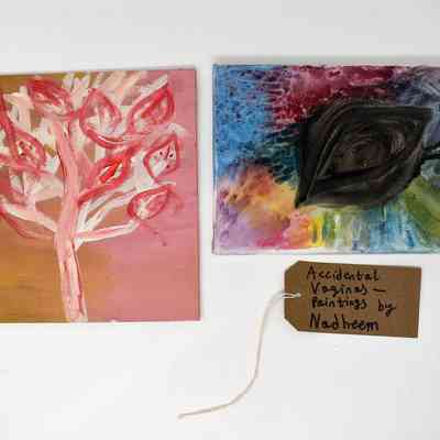 Two colourful paintings, one of a tree, one of a leaf. The leaves resemble vaginas/vulvas.  With a brown handwritten luggage tag.