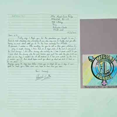 Handwritten letter, hand-drawn card in stamped envelope addressed "FAO E J Scott". 
Card has hand-drawn picture on front "Hannah Louise" on pink card.
Envelope ripped open along top.