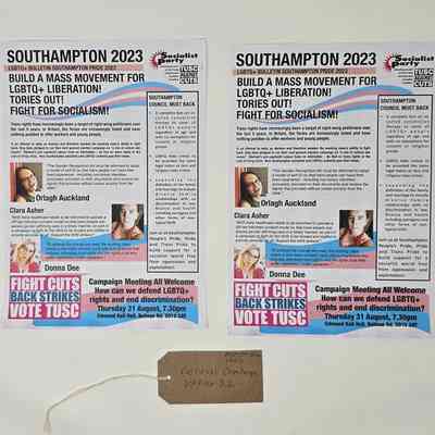 The image shows two political leaflets promoting LGBTQ+ rights and socialism.