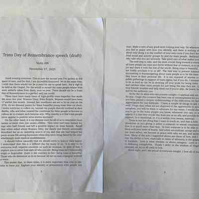 Two typed A4 pages of a draft speech for Transgender Day of Remembrance 2023 by Vicky AW.