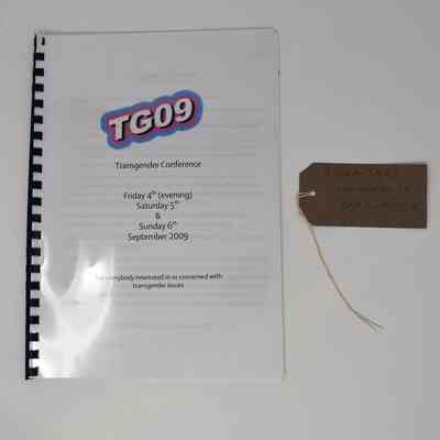 The image shows a conference booklet titled "TG09" with details about a transgender conference.