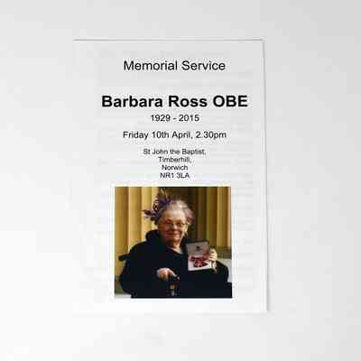 A memorial service flyer commemorates Barbara Ross OBE held on April 10th.