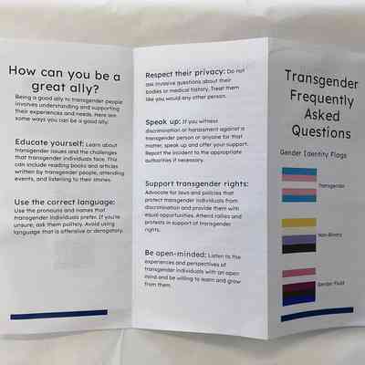 A tri-fold leaflet entitled "Transgender Frequently Asked Questions". It has the trans, non-binary and genderfluid flags on the front cover.